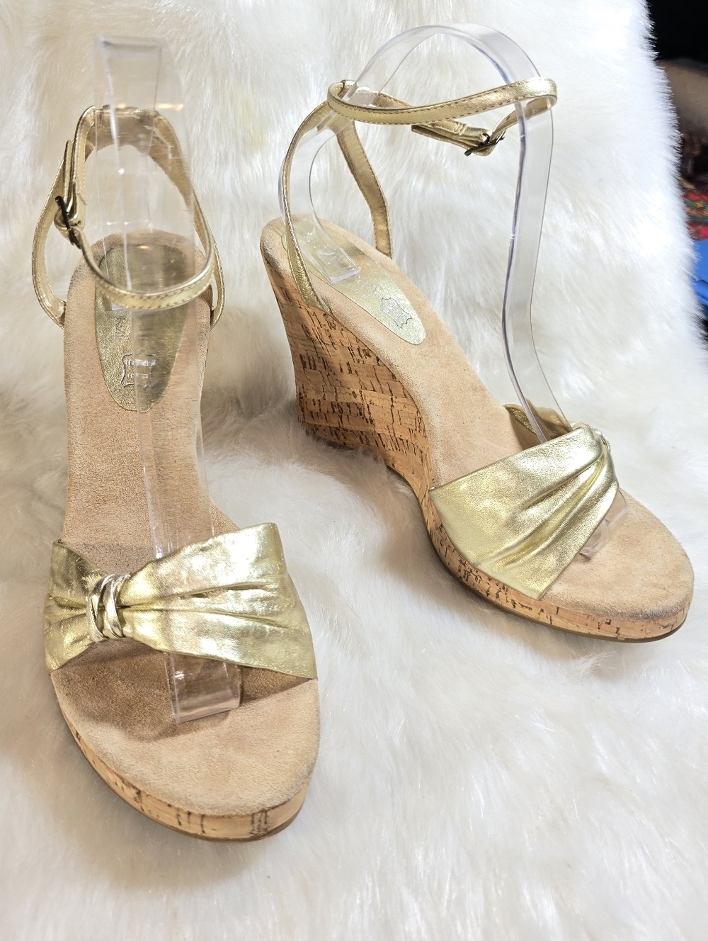 Cathy Jean Twisted Golden Leather Cork-wrapped Wedge Sandals with Ankle Strap